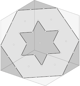 De hoekpunten van de zeshoek en de davidsster maken deel uit van het rooster van gelijkzijdige driehoeken met gehele coördinaten in het zaagvlak.